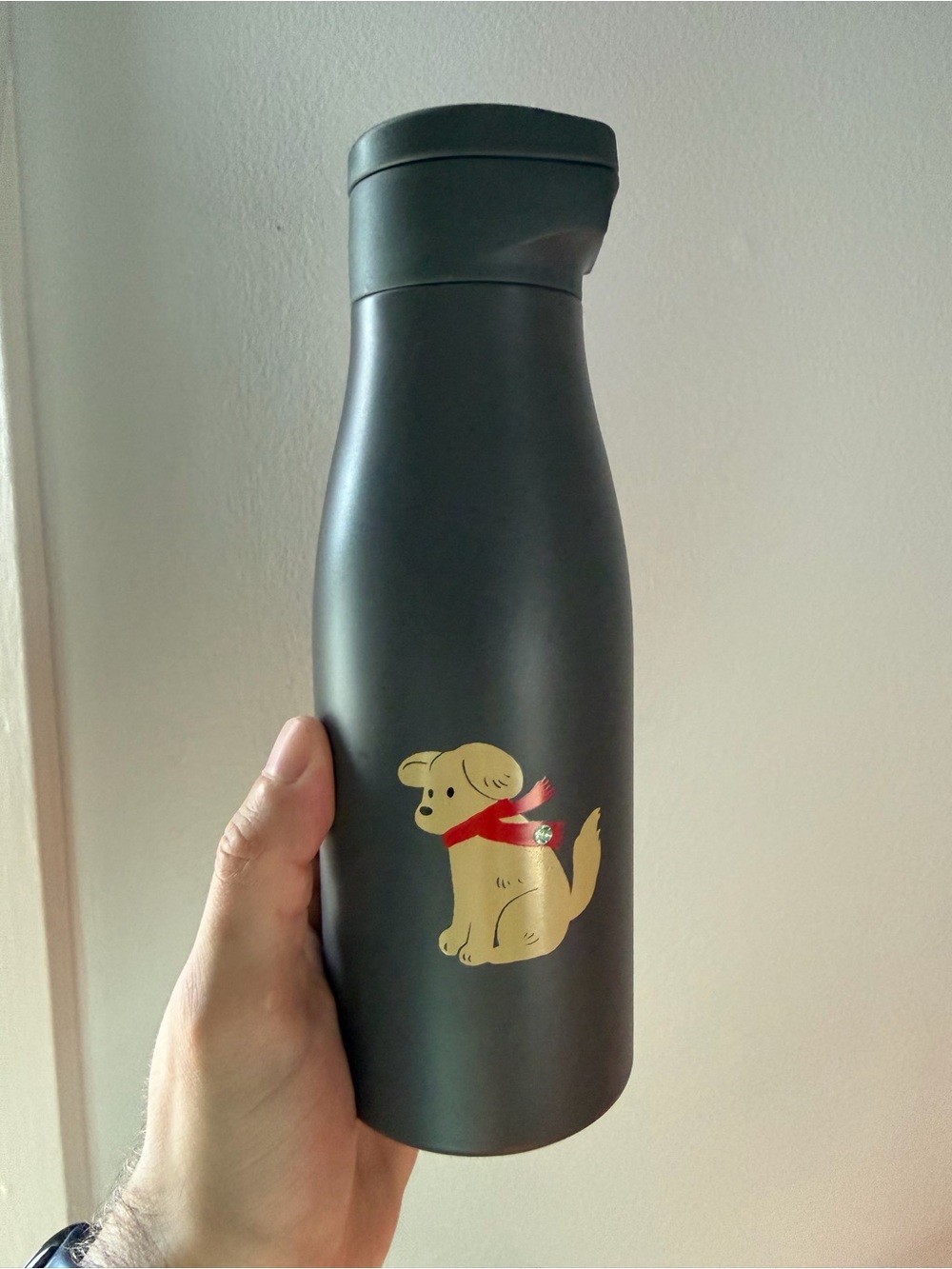 Grey Starbucks Holiday Travel Water Bottle with Dog wearing scarf Christmas